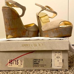 JIMMY CHOO PERLA 120 MARBLE SUEDE NUDE/GOLD WEDGES BRAND NEW IN BOX SIZE 38